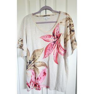 Chico's‎ 4 Linen Top Tan Pink Floral Shirt Relaxed Fit Paradise Size 1X SS